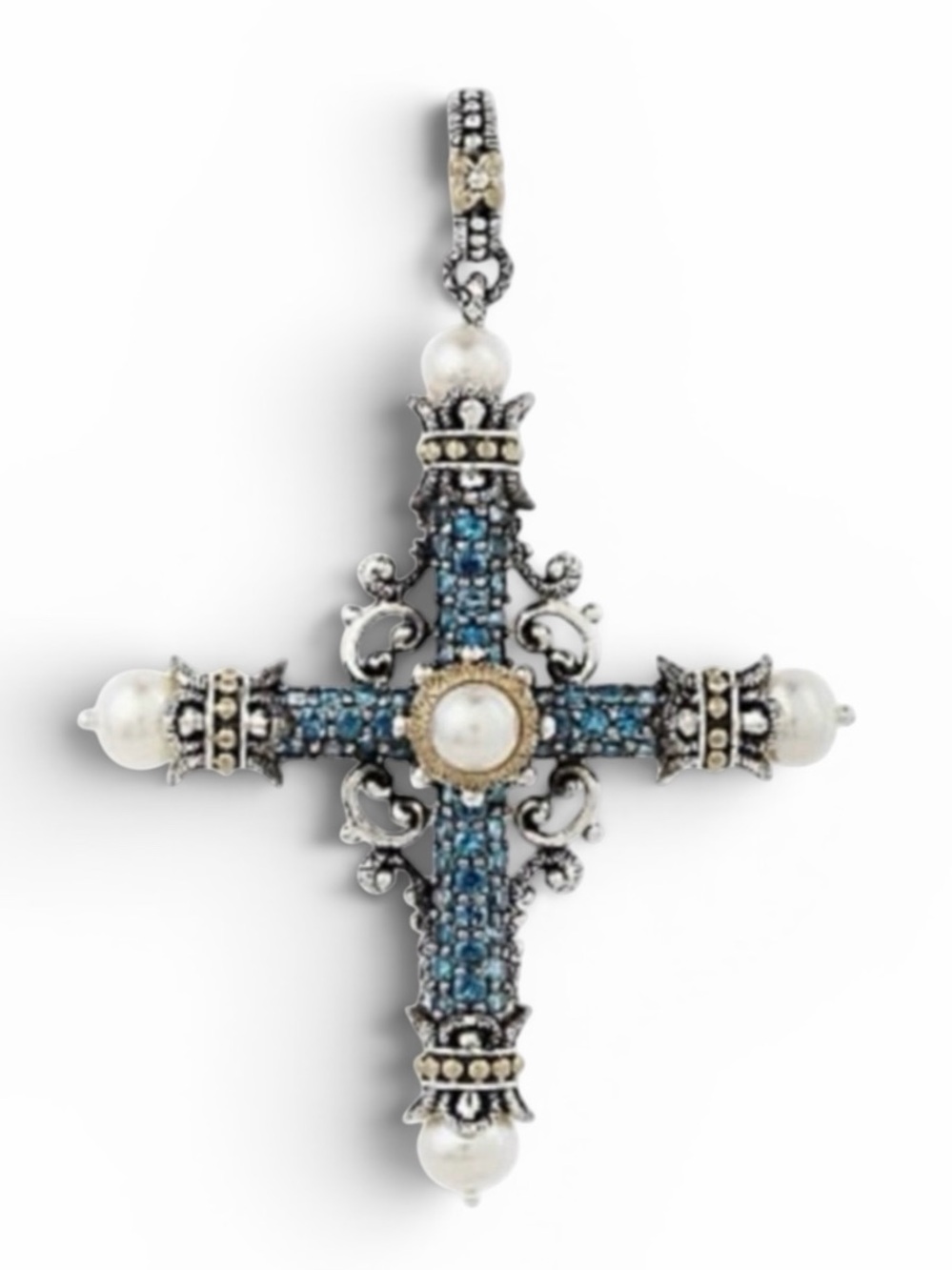 Barbara Bixby Amazing Grace 18K Gold .925 Silver Blue Topaz Pearl Cross Enhancer